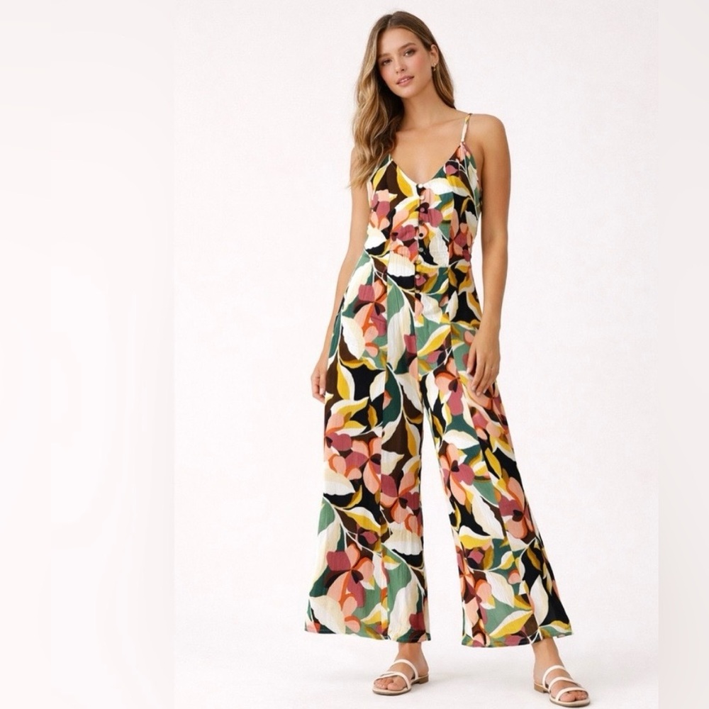 O'Neill Floral Wide-Leg Jumpsuit in Green, Pink, Brown